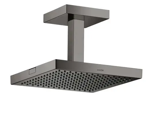 Kopfbrause mit quadratischem Kopf und einem jet, montiert an einer Decke. Der glänzende schwarze Chromfinish ist von der Marke AXOR.
